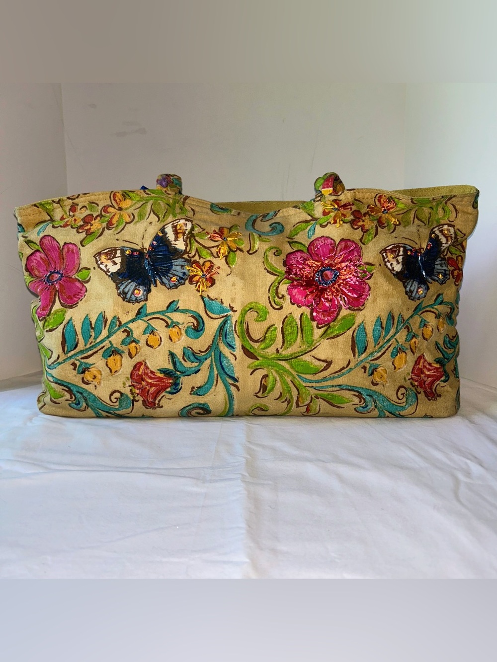 Floral & Butterfly Embroidered Tote Bag - Pink, Blue & Green on Cream